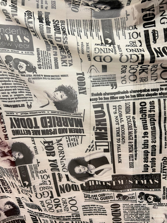 Newspaper Fashion design print on great quality of power mesh nylon spandex 4-way stretch 58/60” Sold by the YD. Ships Worldwide from L.A