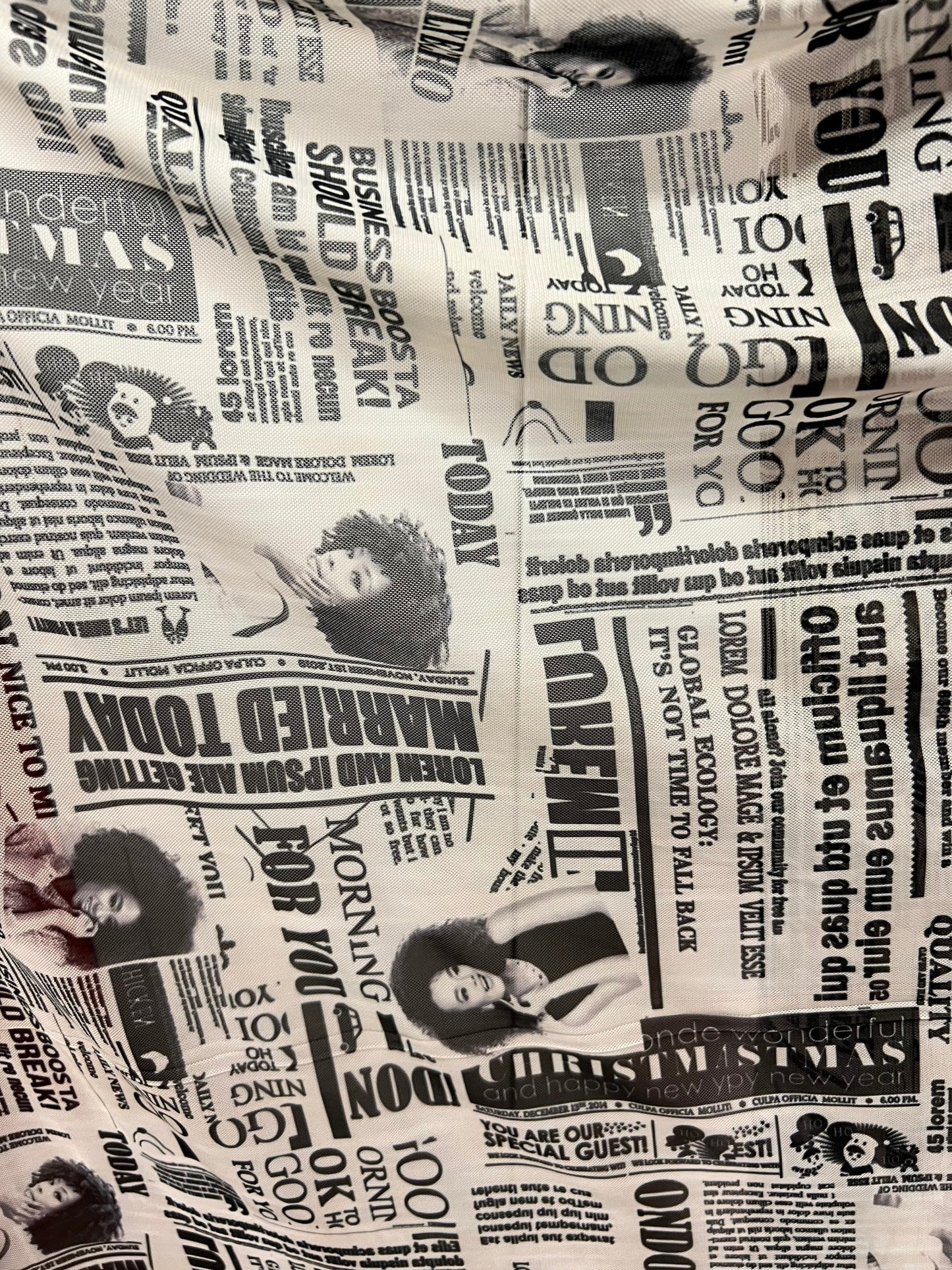 Newspaper Fashion design print on great quality of power mesh nylon spandex 4-way stretch 58/60” Sold by the YD. Ships Worldwide from L.A