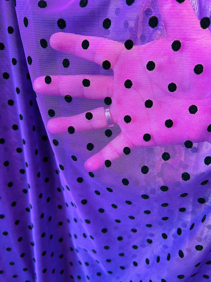 Polka dots design on power mesh with flocking 4-way stretch 58/60” Sold by the YD. Ships Worldwide from Los Angeles California USA