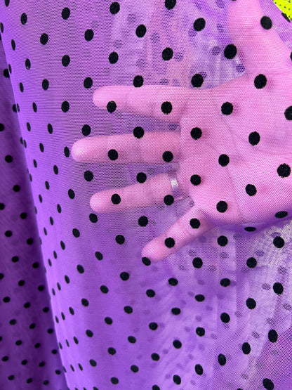 Polka dots design on power mesh with flocking 4-way stretch 58/60” Sold by the YD. Ships Worldwide from Los Angeles California USA