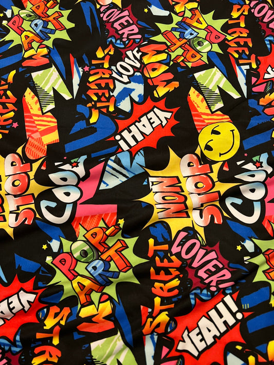 Graffiti Fashion design print on great quality of nylon spandex 4way stretch light weight 58/60” Sold by the YD. Ships Worldwide from L.A CA