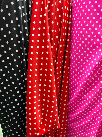 Small polka dots design print on best quality of nylon spandex 4-way stretch 58/60” Sold by the YD. Ships Worldwide from Los Ángeles CA