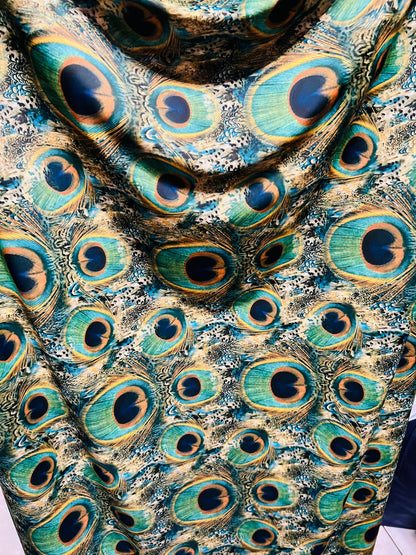 Exotic Peacock design Multicolors in nylon spandex  4way stretch 58/60" Sold by the YD. Ships worldwide from Los Angeles California USA