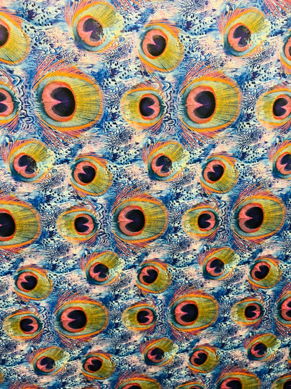 Exotic Peacock design Multicolors in nylon spandex  4way stretch 58/60" Sold by the YD. Ships worldwide from Los Angeles California USA