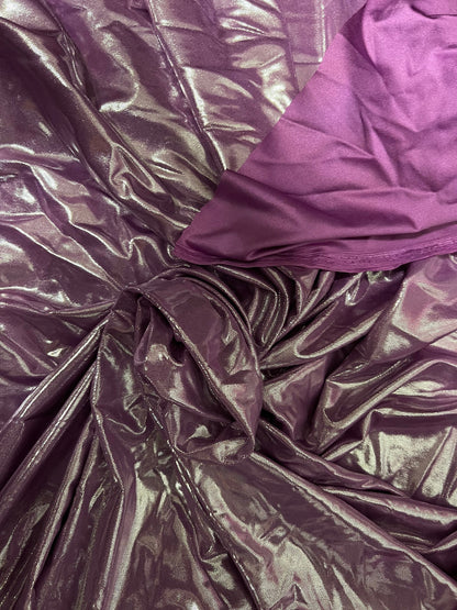 Foggy foil lilac/silver metallic nylon spandex 4-way stretch 58/60” Sold by the YD. Ships Worldwide from Los Angeles California USA