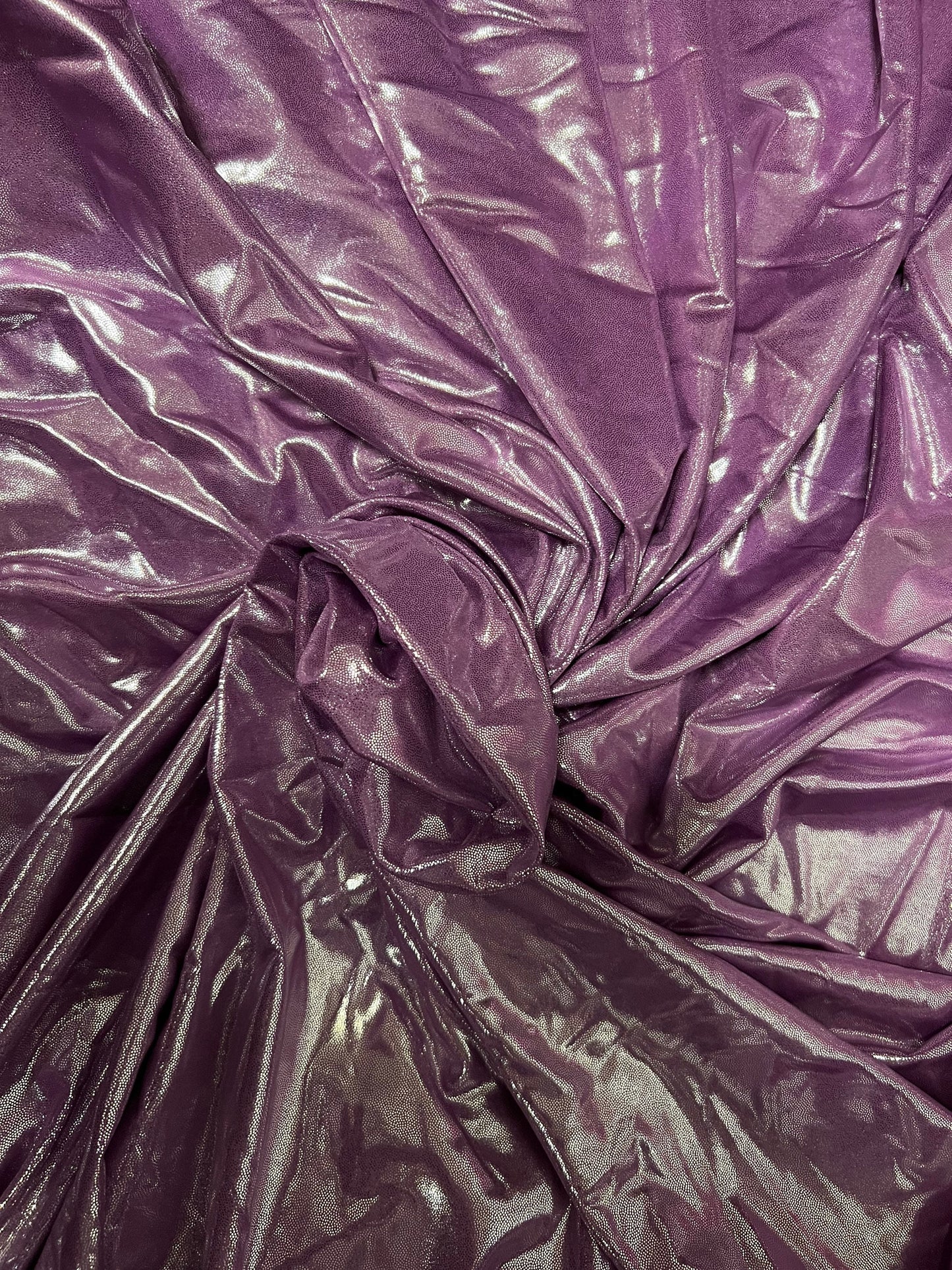 Foggy foil lilac/silver metallic nylon spandex 4-way stretch 58/60” Sold by the YD. Ships Worldwide from Los Angeles California USA