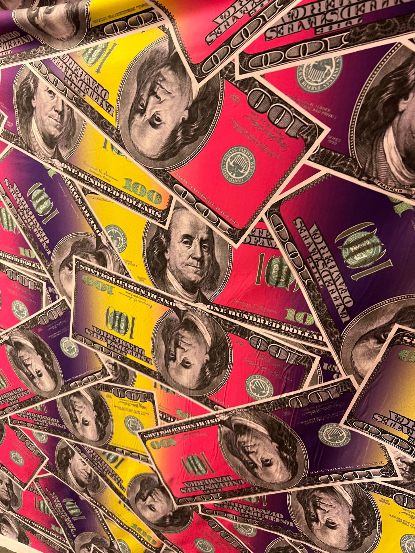 New Money design print on light weight of nylon spandex 2-way stretch 58/60” Sold by the YD. Ships Worldwide from Los Angeles California USA