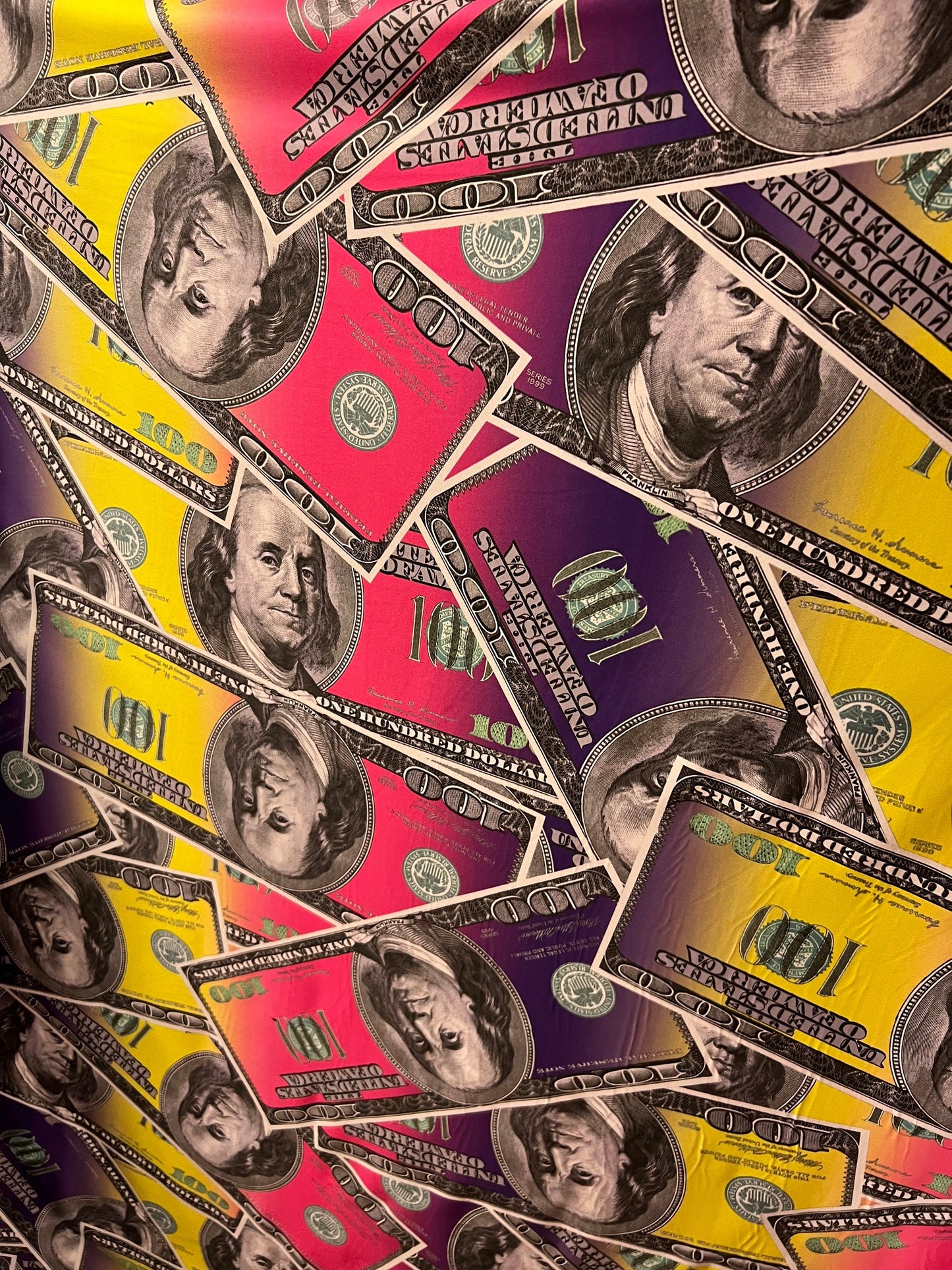 New Money design print on light weight of nylon spandex 2-way stretch 58/60” Sold by the YD. Ships Worldwide from Los Angeles California USA