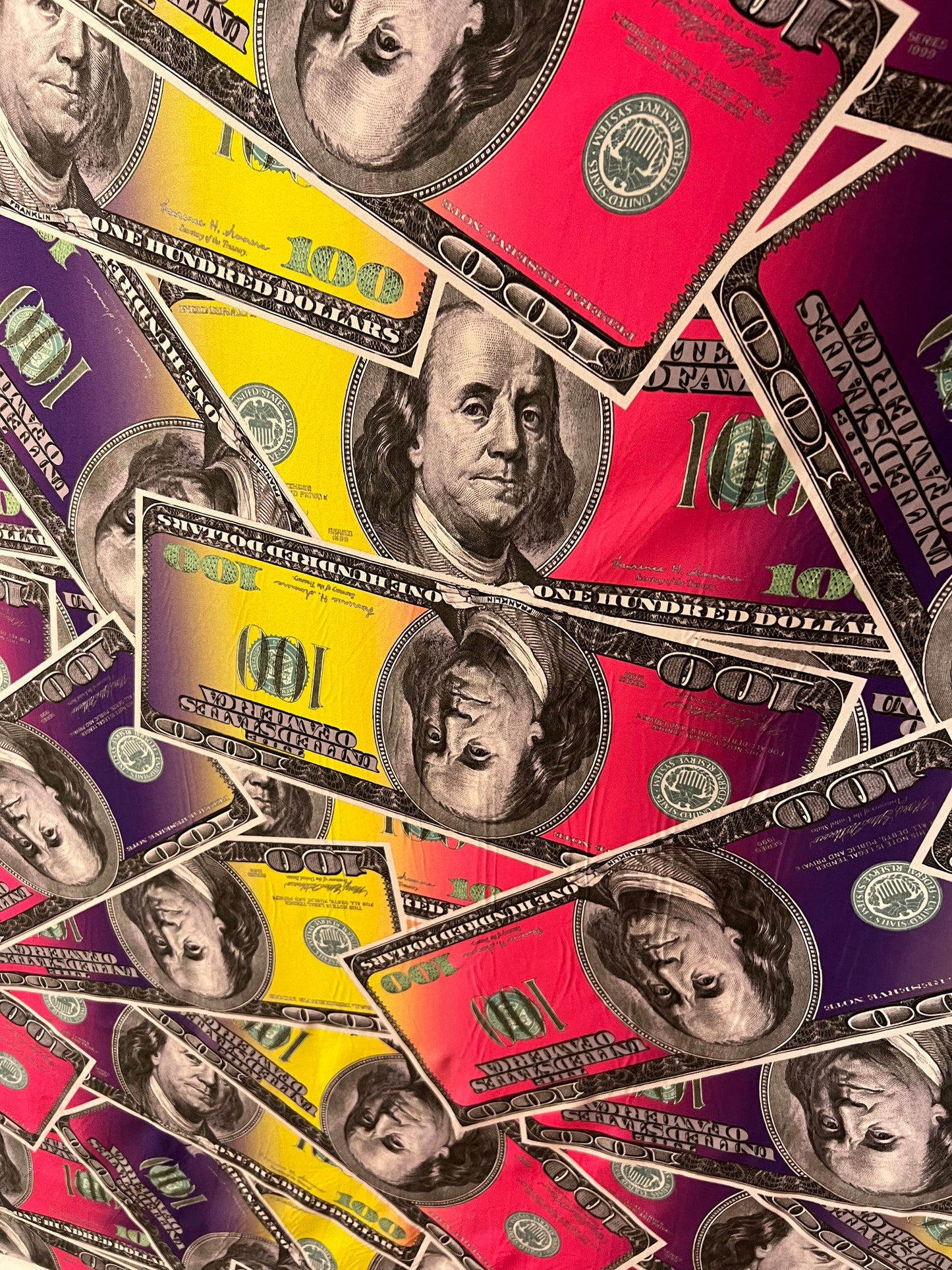 New Money design print on light weight of nylon spandex 2-way stretch 58/60” Sold by the YD. Ships Worldwide from Los Angeles California USA