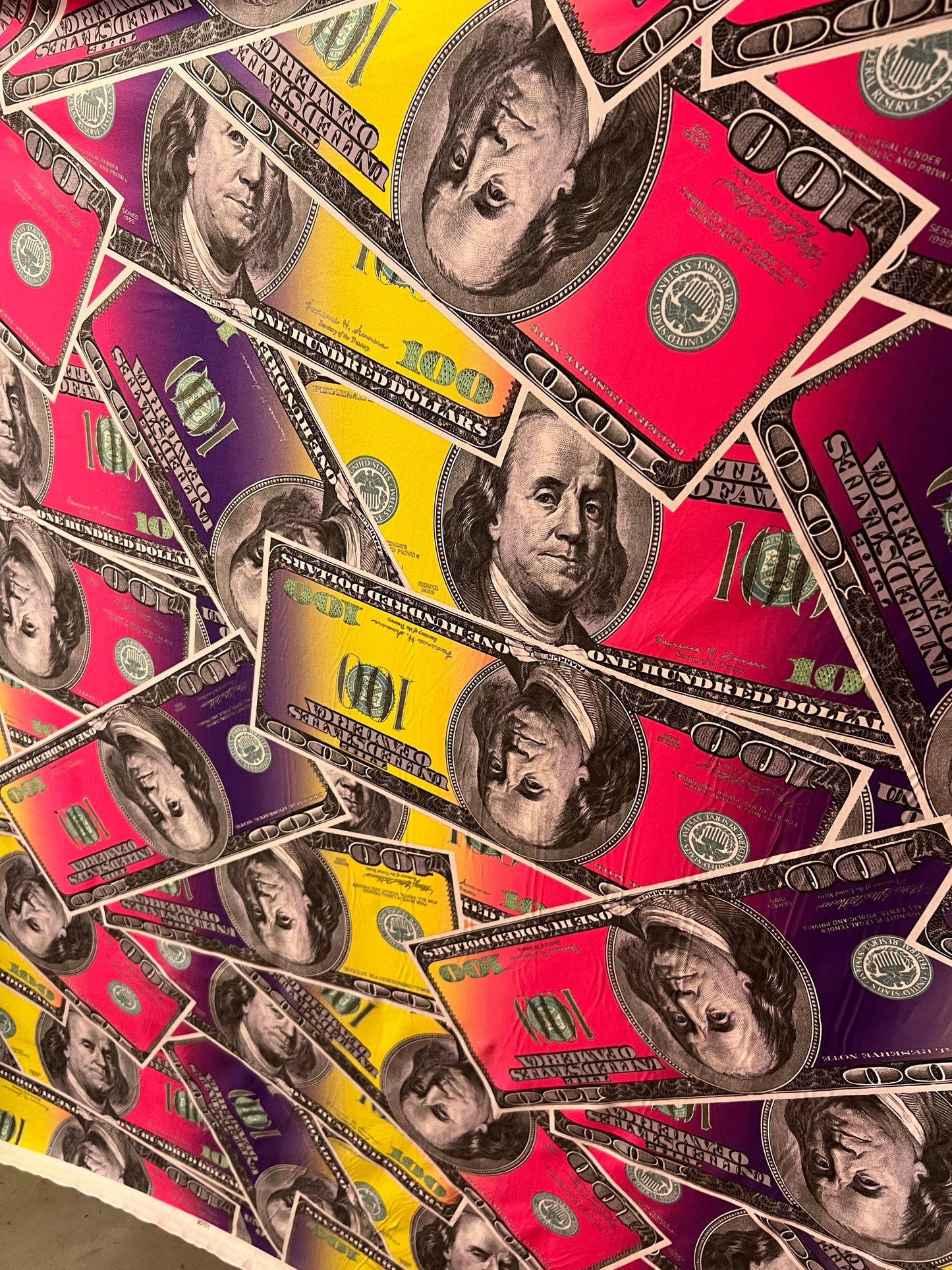New Money design print on light weight of nylon spandex 2-way stretch 58/60” Sold by the YD. Ships Worldwide from Los Angeles California USA