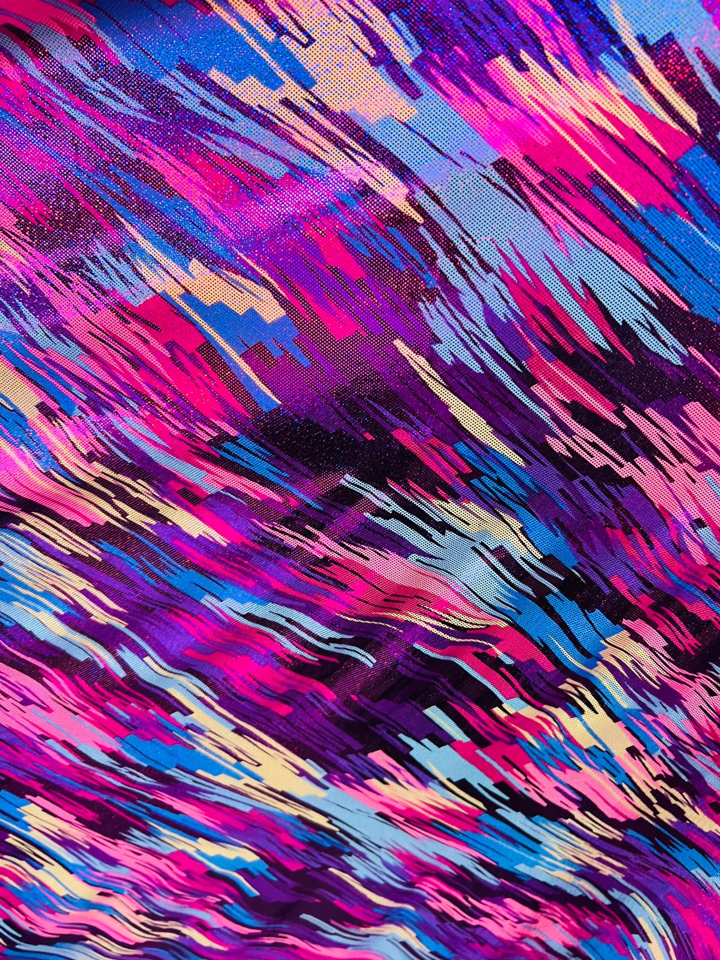 New abstract paint design Hot pink/fuchsia multicolor hologram metallic poly spandex 2-way stretch 58/60” Sold by the YD