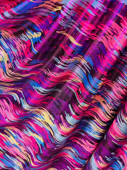 New abstract paint design Hot pink/fuchsia multicolor hologram metallic poly spandex 2-way stretch 58/60” Sold by the YD