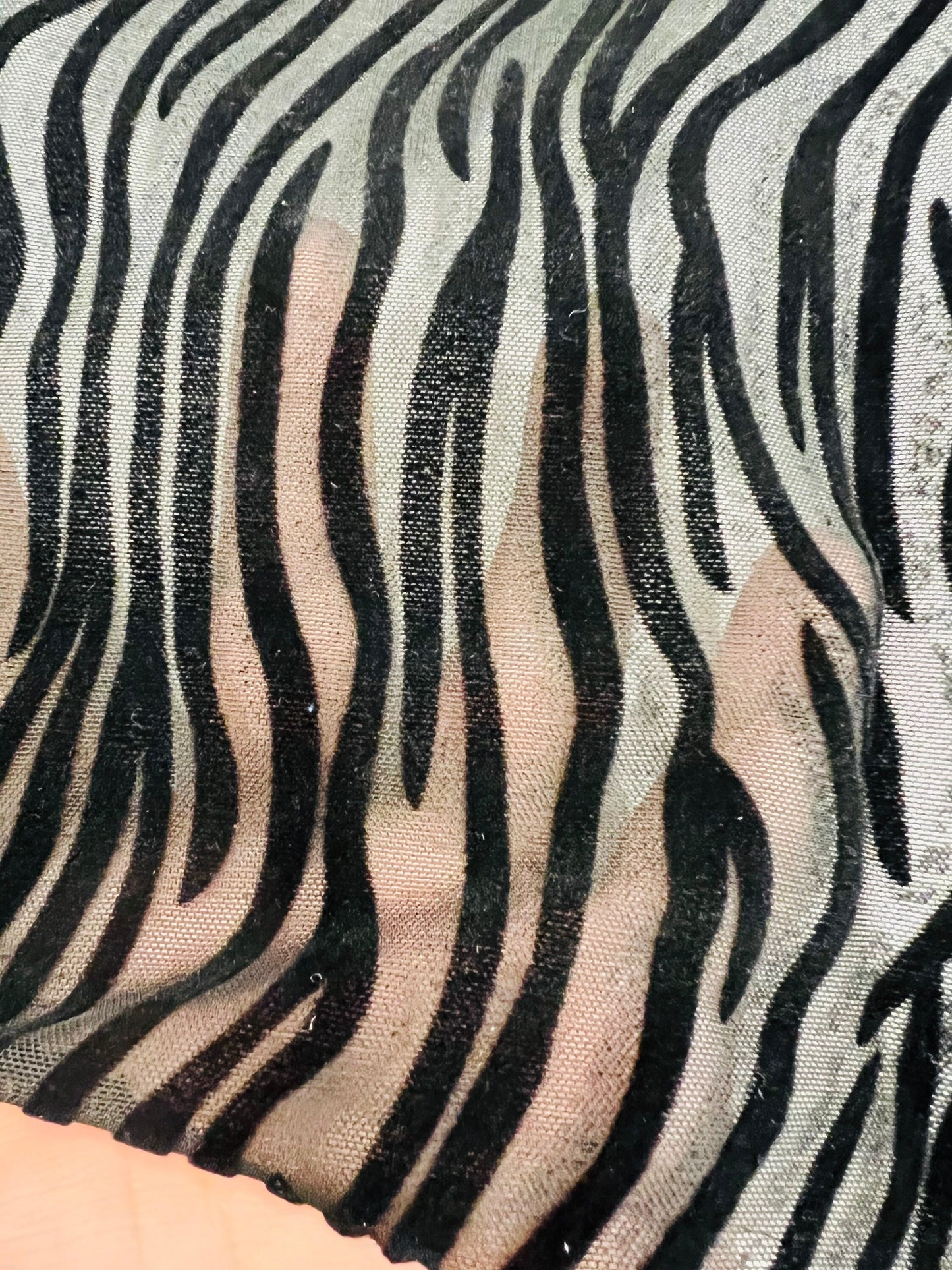 Exotic Zebra design flocked stretch mesh 4-way black/black 58/60” Sold by the YD. Ships Worldwide from Los Angeles California USA