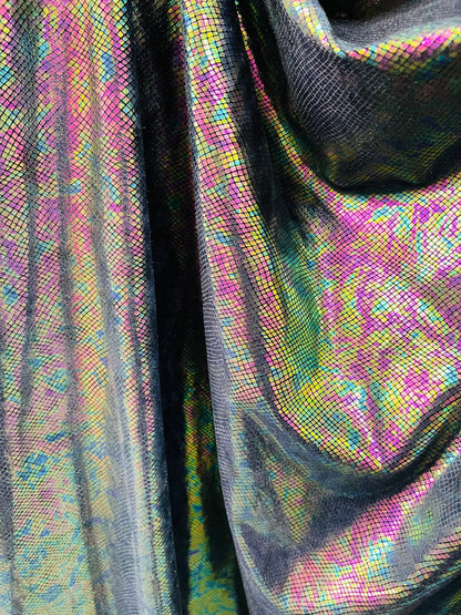 Cobra design iridescent stretch velvet with hologram foil Black/Iridescent 4-way 58/60” Sold by the YD. Ships Worldwide from Los Angeles CA