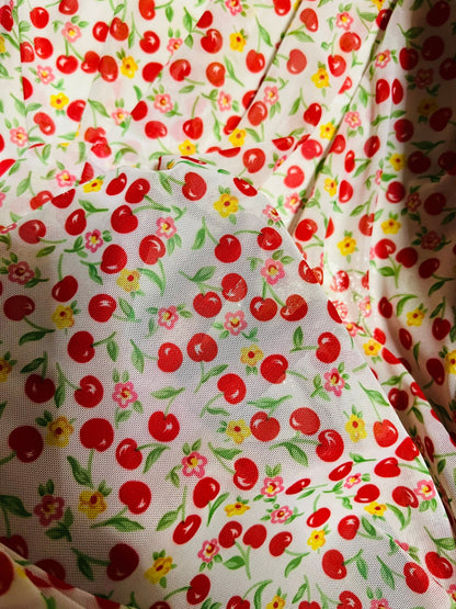 Cherry design print on best quality of power mesh nylon spandex 4-way stretch 58/60” Sold by the YD. Ships Worldwide from Los Angeles CA