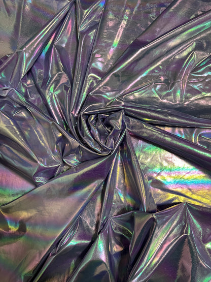 New Iridescent all over foil metallic nylon spandex 4-way stretch 58/60” Sold by the YD. Ships Worldwide from Los Angeles California