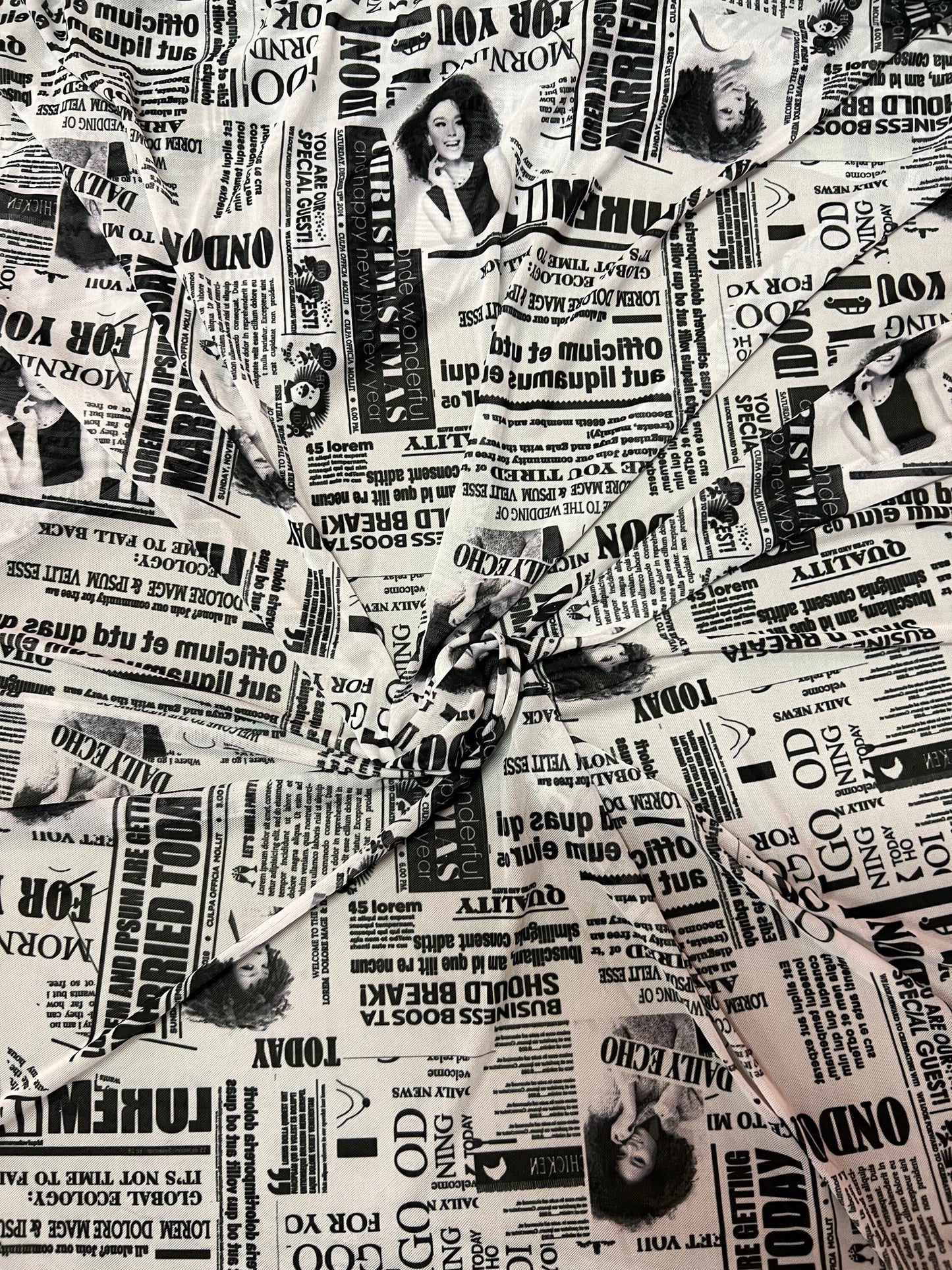 Newspaper fashion design print on great quality of power mesh 4-way stretch 58/60” Sold by the YD. Ships Worldwide from Los Angeles CA