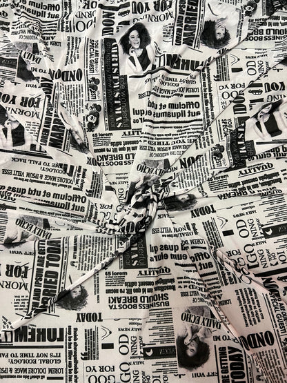 Newspaper fashion design print on great quality of power mesh 4-way stretch 58/60” Sold by the YD. Ships Worldwide from Los Angeles CA