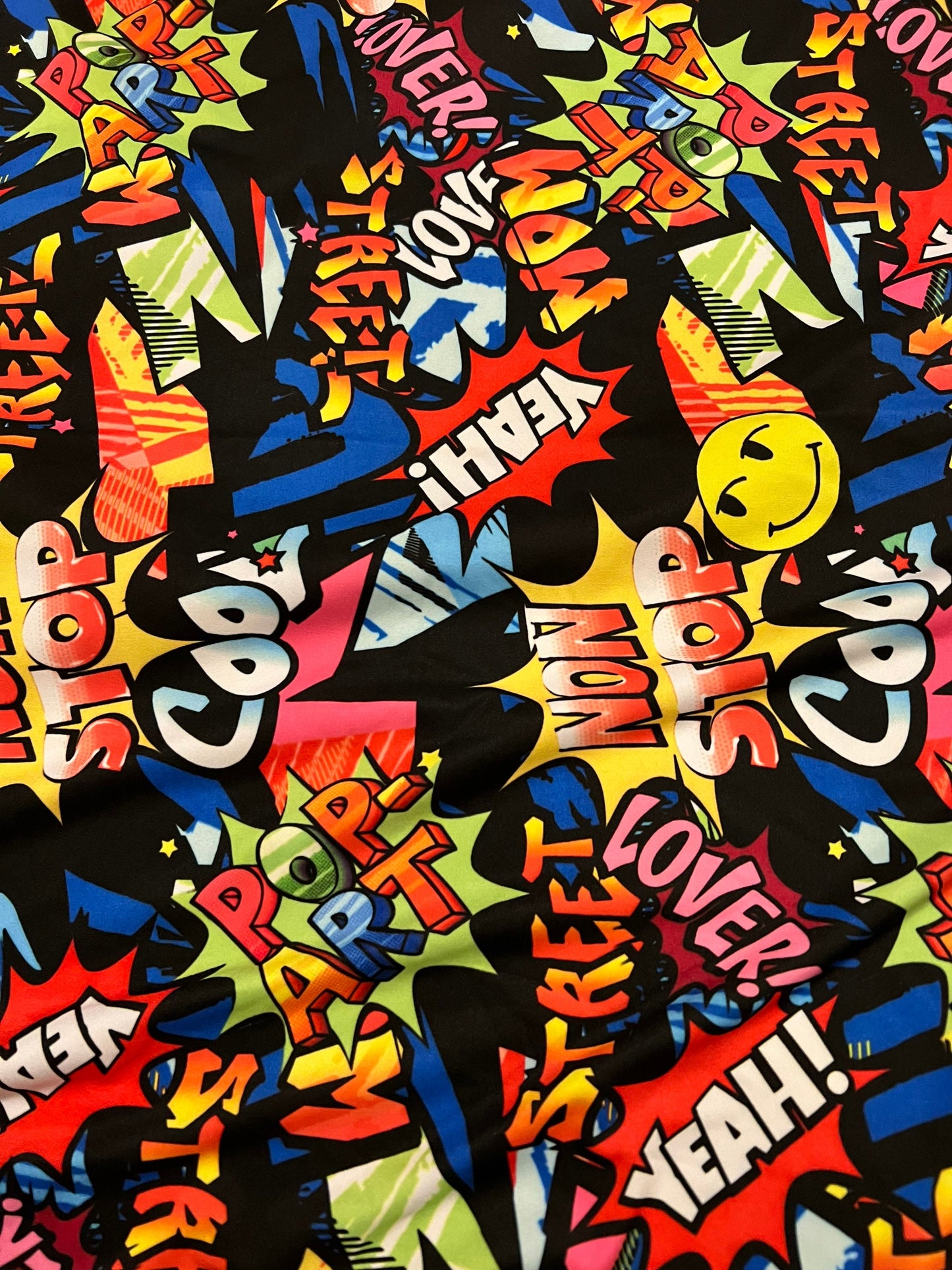 Graffiti Fashion design print on great quality of nylon spandex 4way stretch light weight 58/60” Sold by the YD. Ships Worldwide from L.A CA