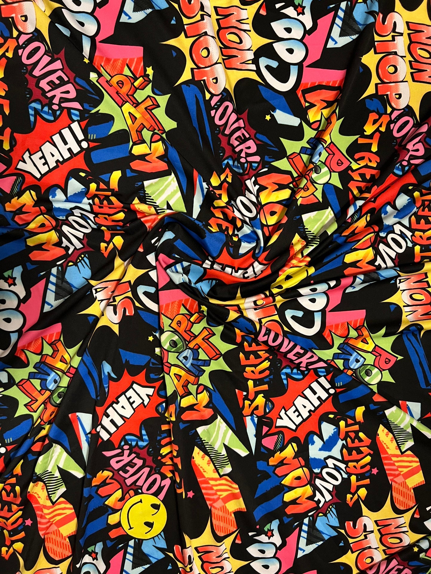 Graffiti Fashion design print on great quality of nylon spandex 4way stretch light weight 58/60” Sold by the YD. Ships Worldwide from L.A CA