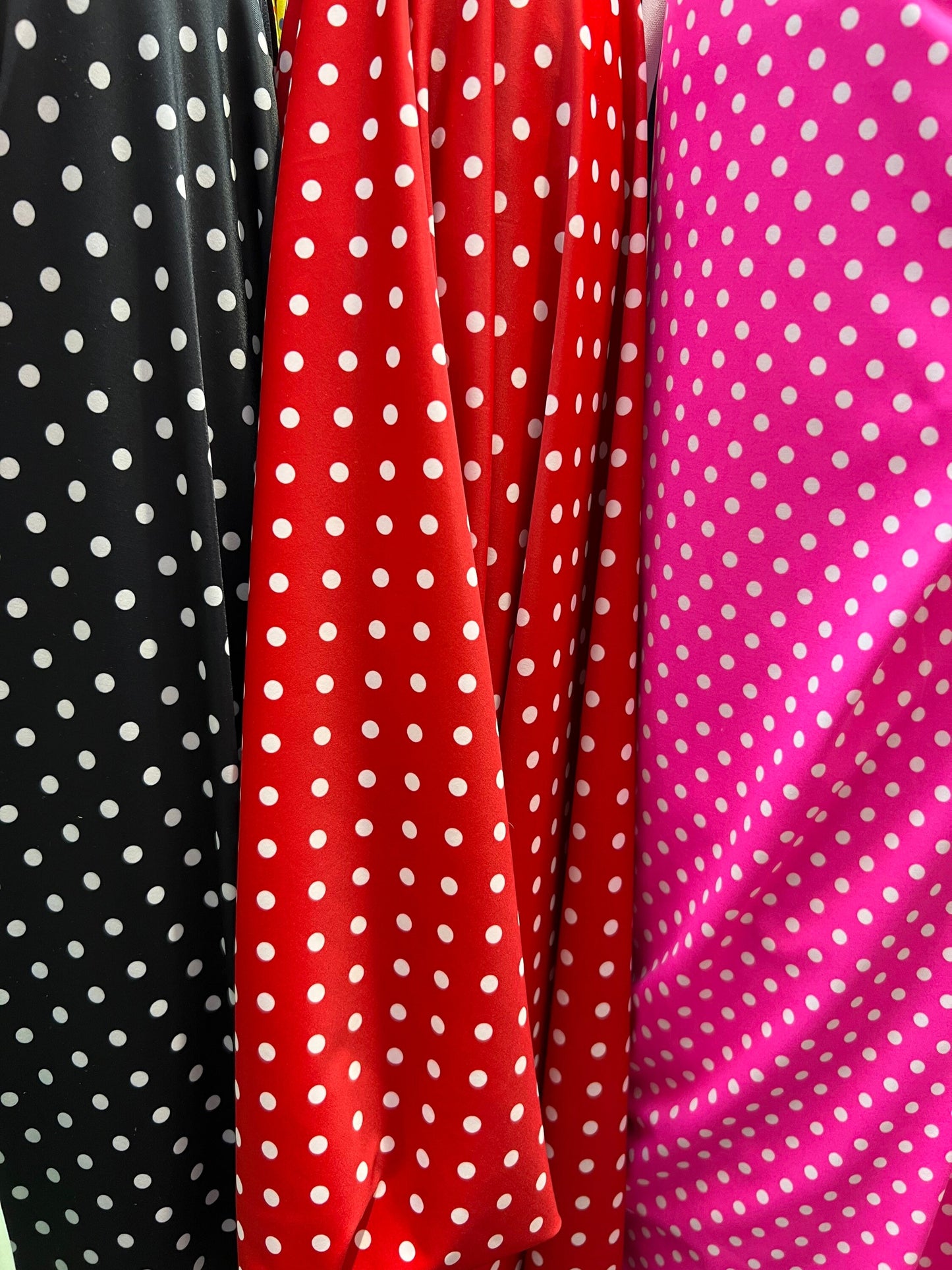 Small polka dots design print on best quality of nylon spandex 4-way stretch 58/60” Sold by the YD. Ships Worldwide from Los Ángeles CA