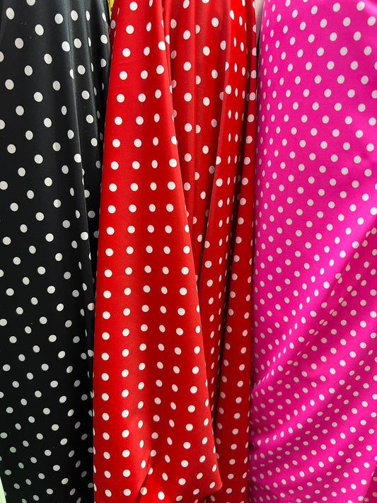 Small polka dots design print on best quality of nylon spandex 4-way stretch 58/60” Sold by the YD. Ships Worldwide from Los Ángeles CA