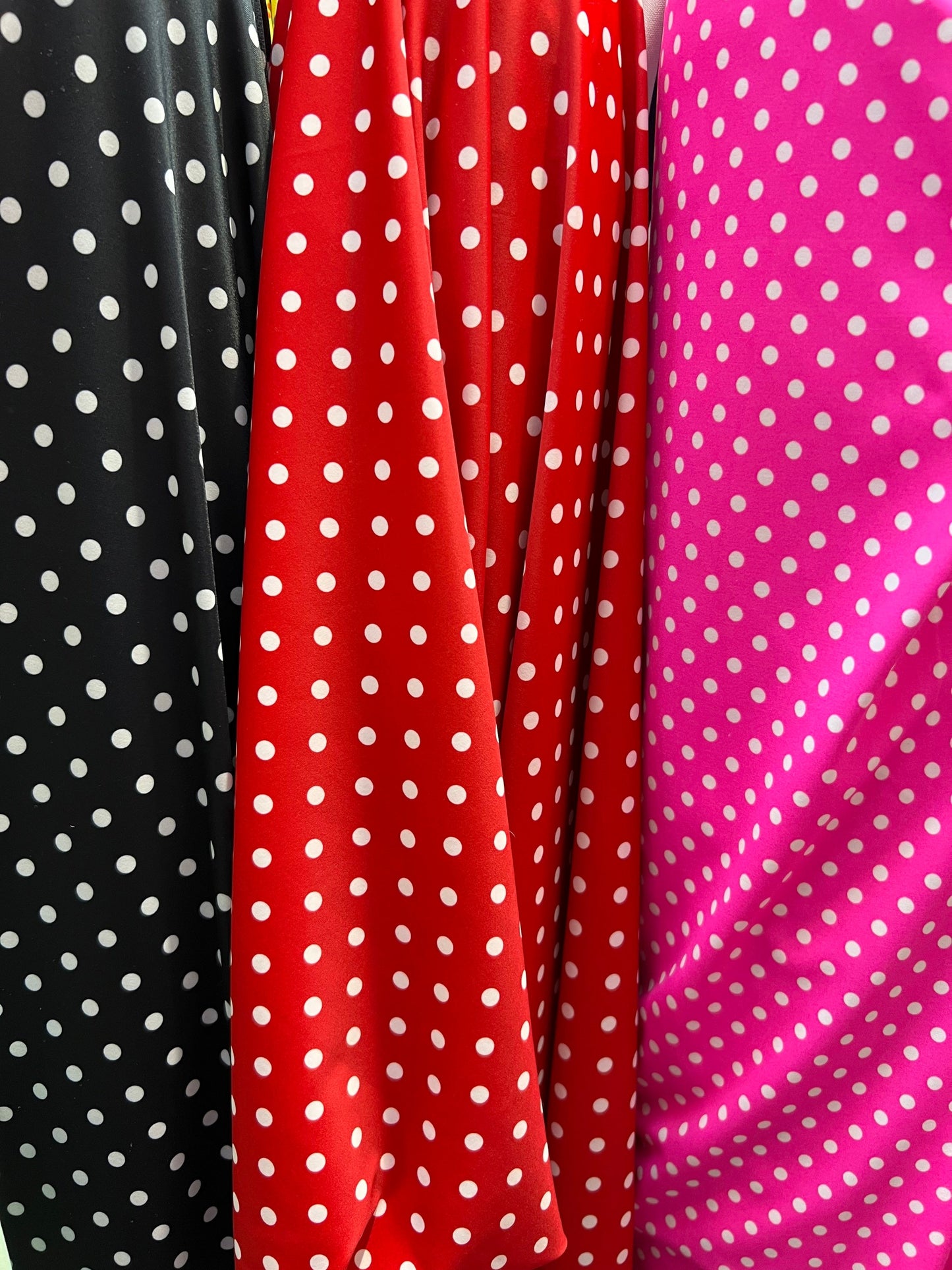 Small polka dots design print on best quality of nylon spandex 4-way stretch 58/60” Sold by the YD. Ships Worldwide from Los Ángeles CA