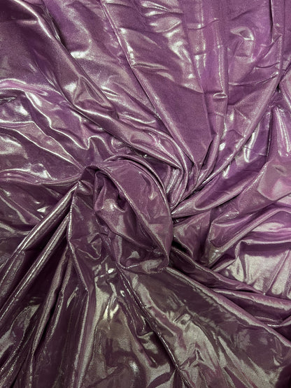 Foggy foil lilac/silver metallic nylon spandex 4-way stretch 58/60” Sold by the YD. Ships Worldwide from Los Angeles California USA