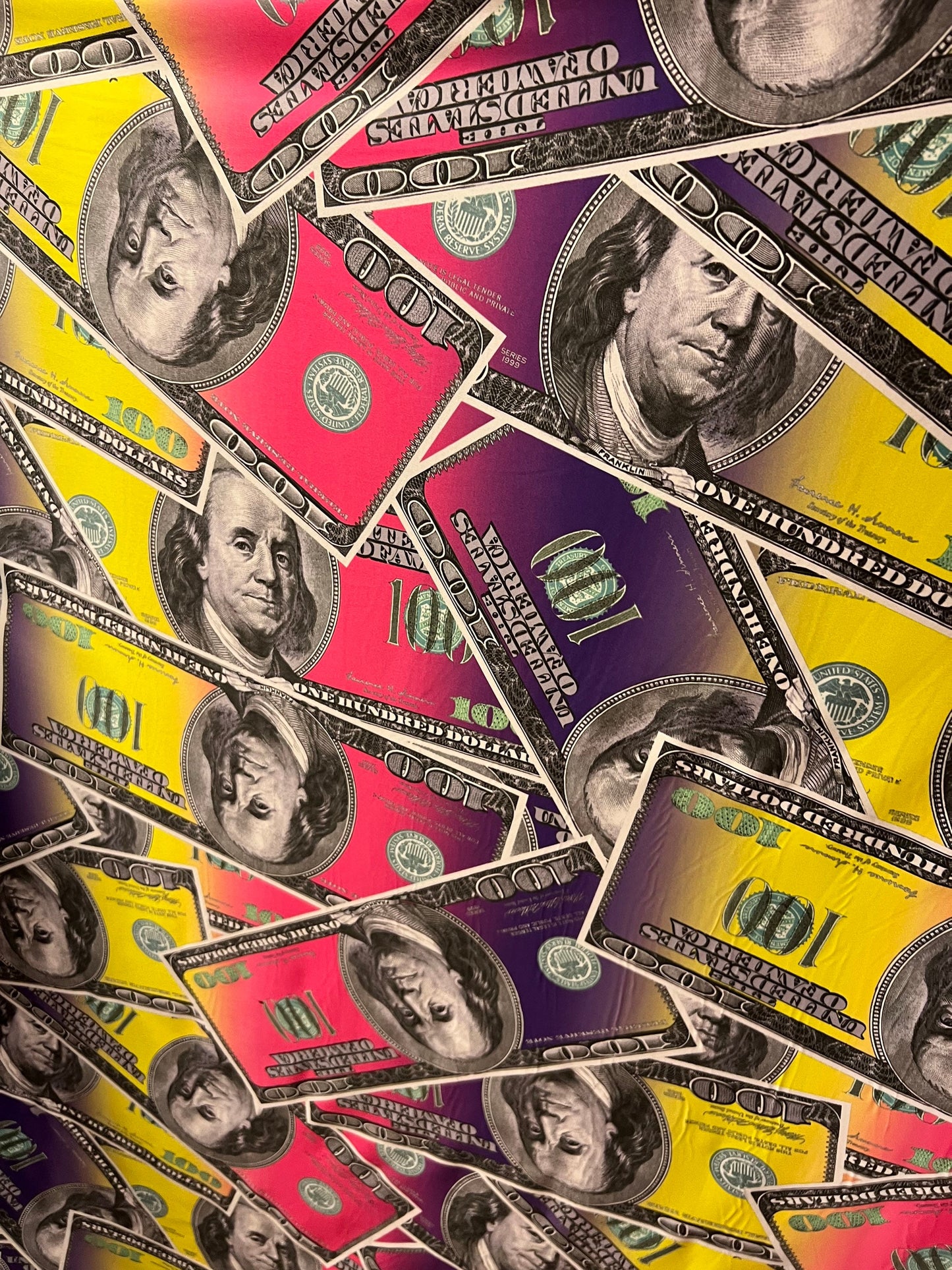 New Money design print on light weight of nylon spandex 2-way stretch 58/60” Sold by the YD. Ships Worldwide from Los Angeles California USA