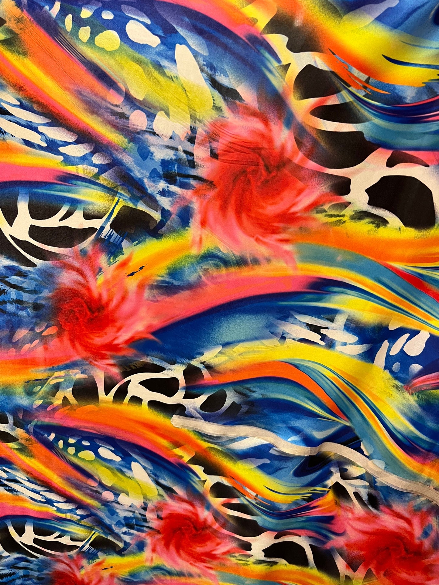 New modern abstract design multicolor print on great quality of poly spandex 4-way stretch light weight 58/60” Sold by the YD.