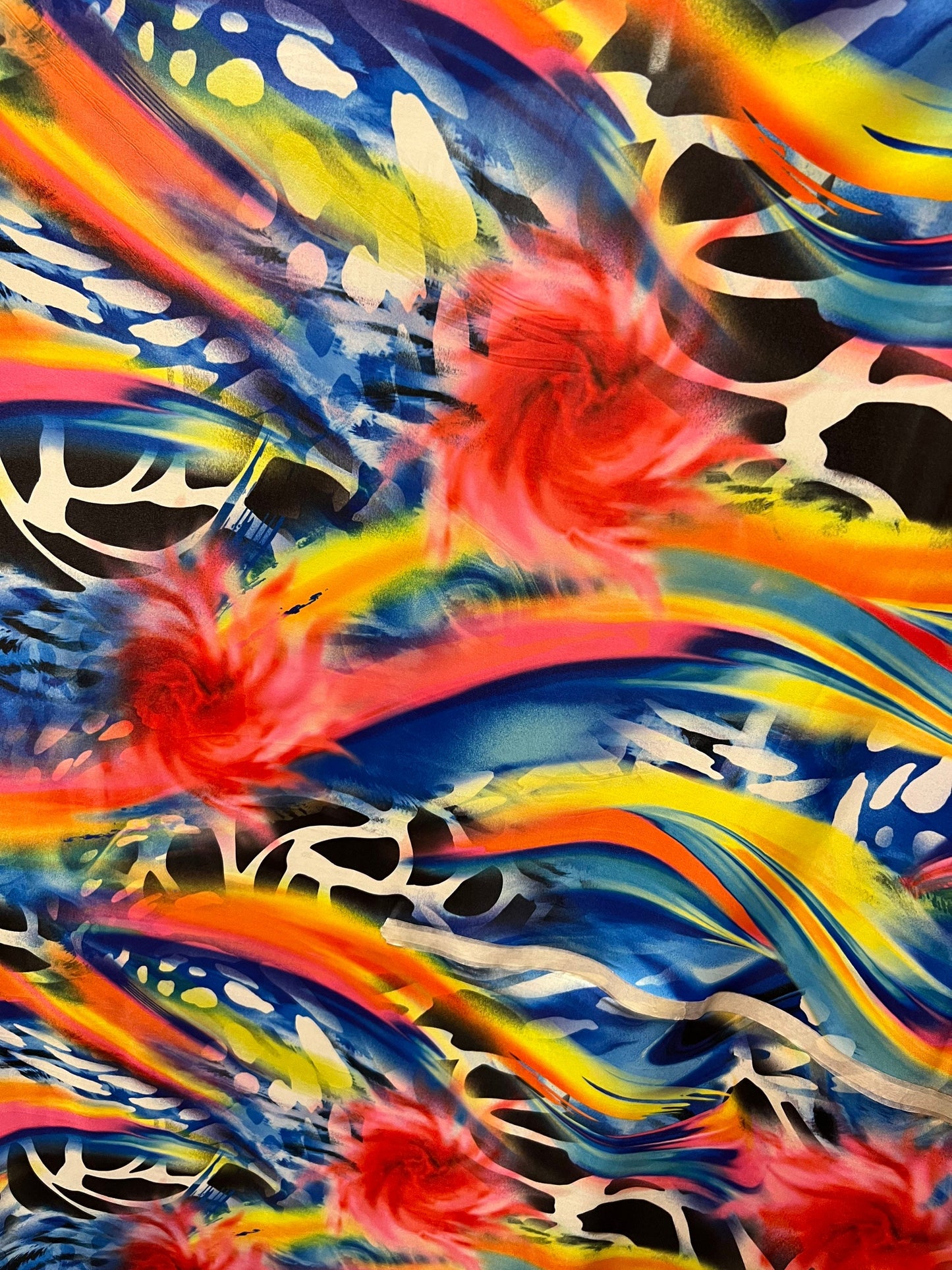 New modern abstract design multicolor print on great quality of poly spandex 4-way stretch light weight 58/60” Sold by the YD.