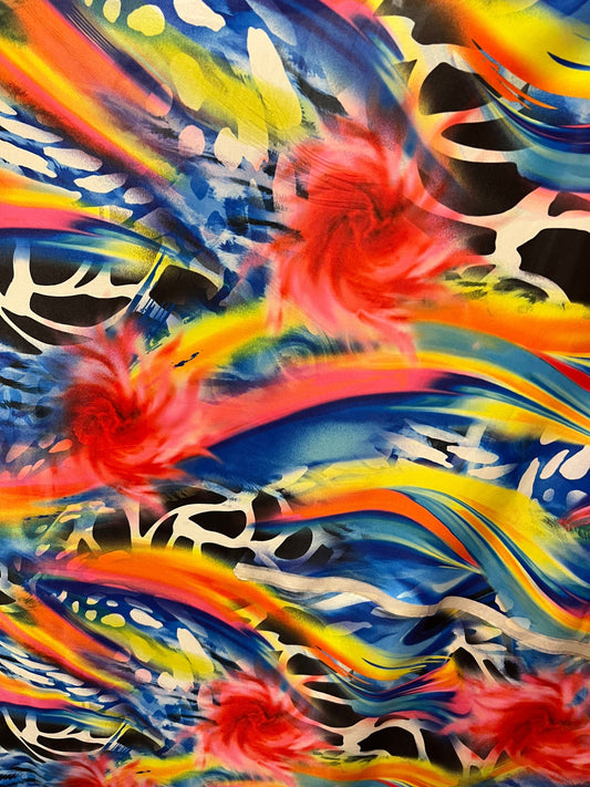 New modern abstract design multicolor print on great quality of poly spandex 4-way stretch light weight 58/60” Sold by the YD.