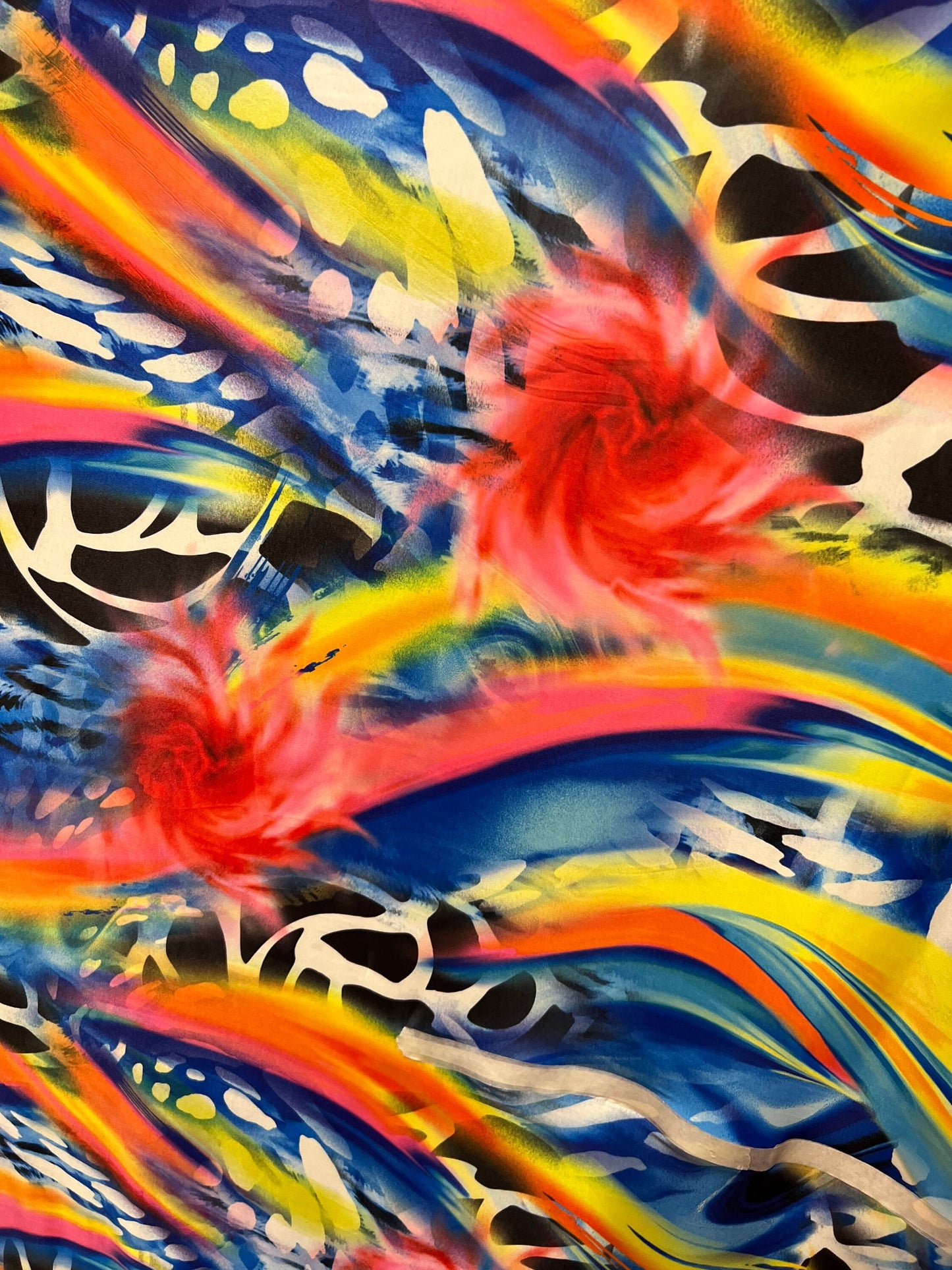 New modern abstract design multicolor print on great quality of poly spandex 4-way stretch light weight 58/60” Sold by the YD.