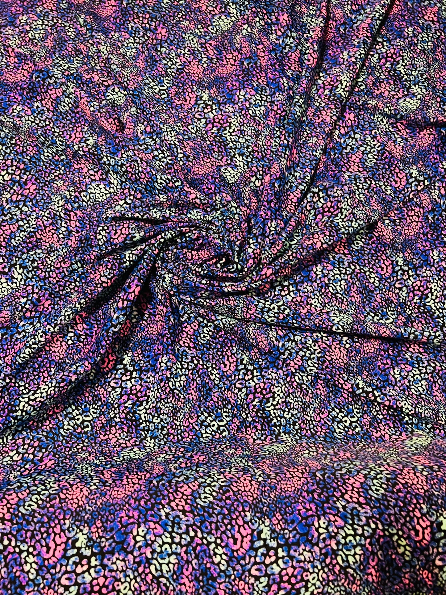 Cheetah design purple Multicolor exotic animal print on best quality of nylon spandex 4-way stretch 58/60”