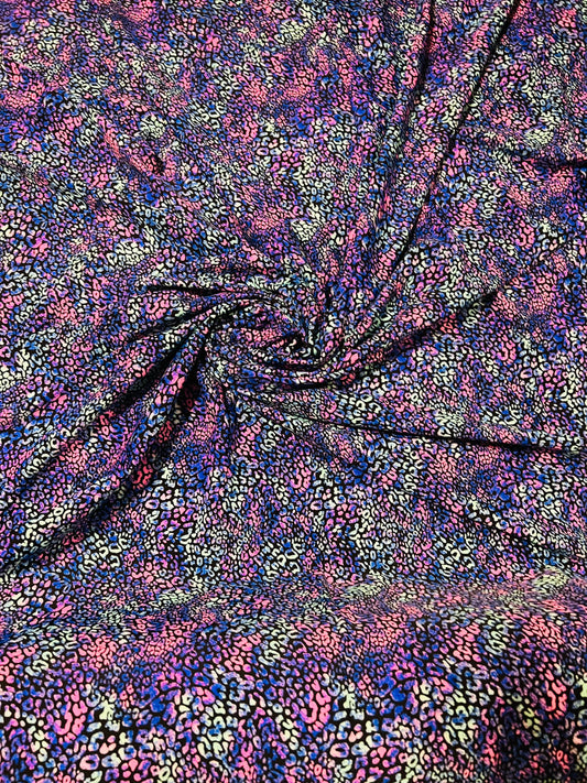 Cheetah design purple Multicolor exotic animal print on best quality of nylon spandex 4-way stretch 58/60”