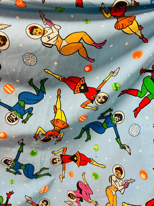 Superwoman cartoon design print on heavy quality of cotton spandex 12 Oz 2-way stretch 58/60” Sold by the YD.