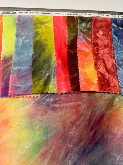 Tie dye  Luxury velvet great quality of crushed velvet 4-way stretch 58/60” Sold by the YD. Ships Worldwide from Los Angeles California USA.