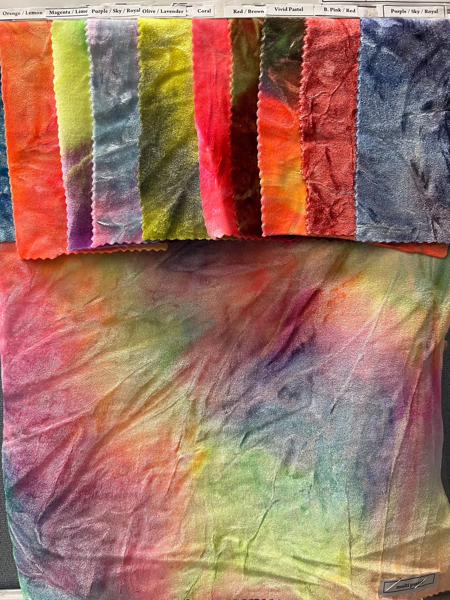 Tie dye  Luxury velvet great quality of crushed velvet 4-way stretch 58/60” Sold by the YD. Ships Worldwide from Los Angeles California USA.