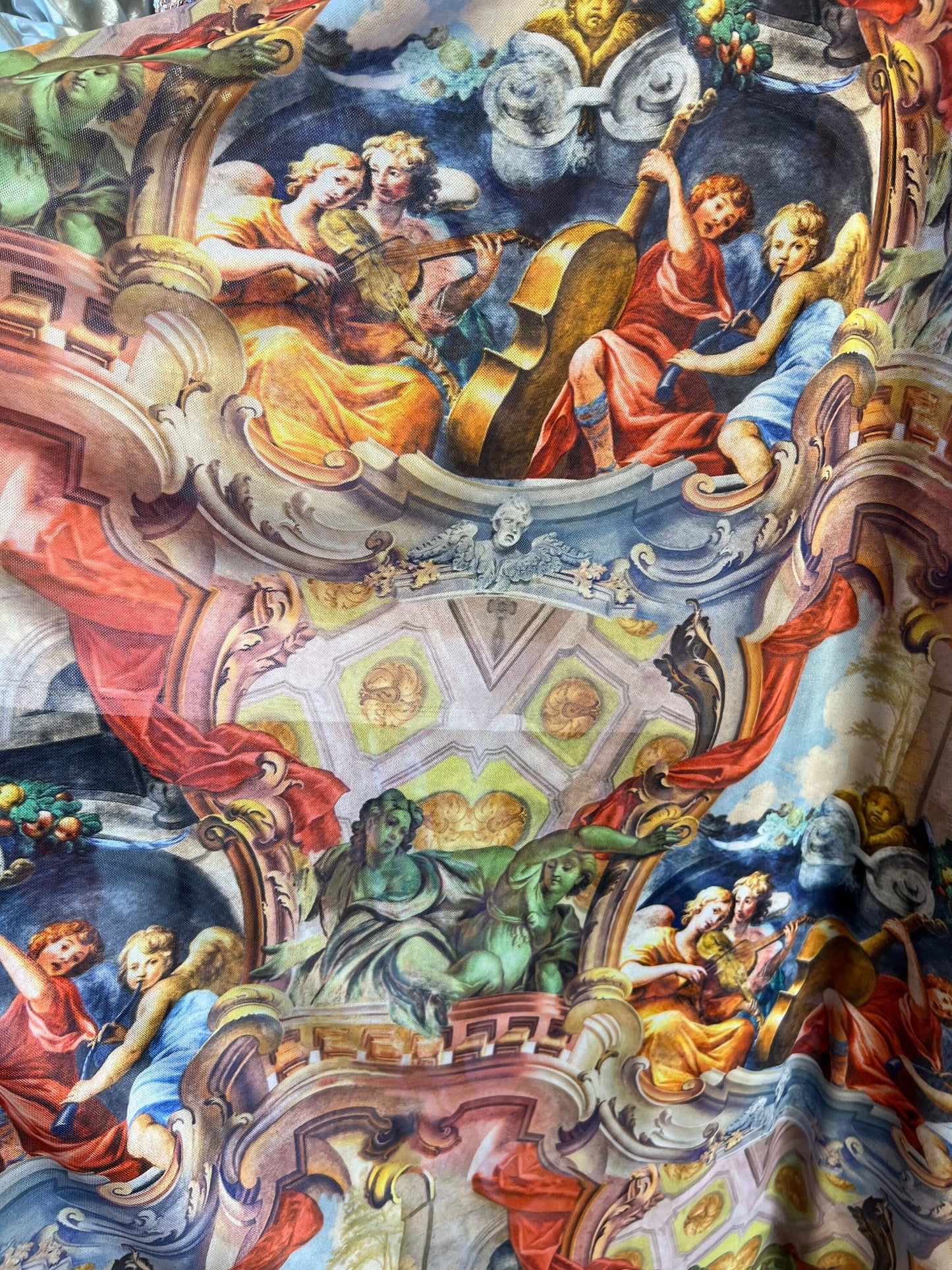 Celestial Angels design print on great quality of power mesh 4-way stretch 58/60” Sold by the YD. Ships Worldwide from Los Angeles CA