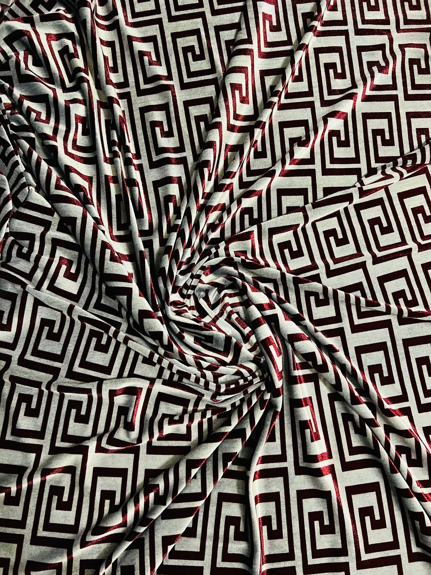 New modern Fashion brand design Silver Merlot print on great quality of stretch velvet 4-way stretch 58/60” Sold by the YD.