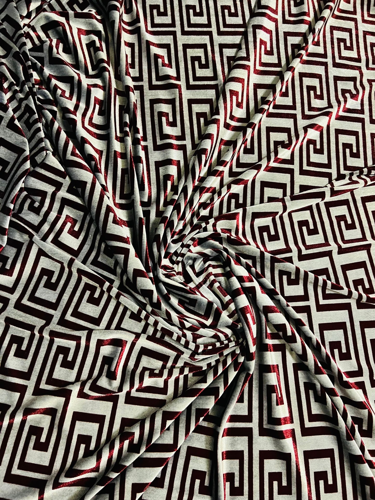 New modern Fashion brand design Silver Merlot print on great quality of stretch velvet 4-way stretch 58/60” Sold by the YD.