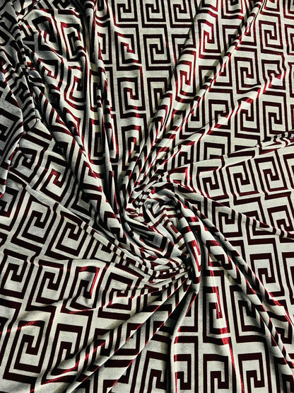 New modern Fashion brand design Silver Merlot print on great quality of stretch velvet 4-way stretch 58/60” Sold by the YD.