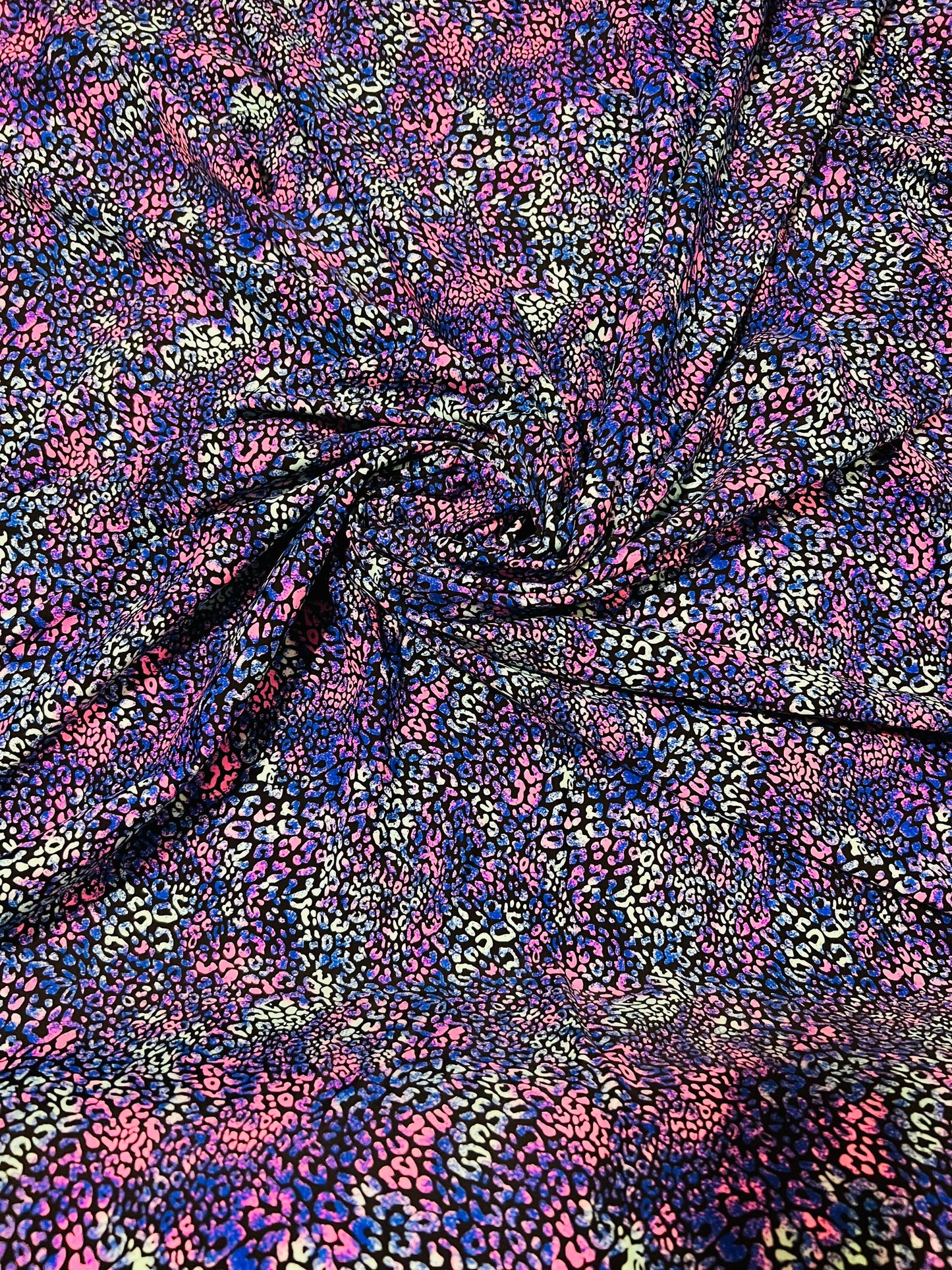 Cheetah design purple Multicolor exotic animal print on best quality of nylon spandex 4-way stretch 58/60”