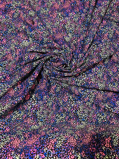 Cheetah design purple Multicolor exotic animal print on best quality of nylon spandex 4-way stretch 58/60”