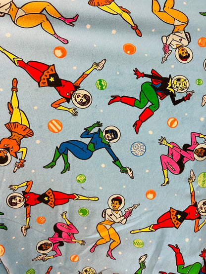 Superwoman cartoon design print on heavy quality of cotton spandex 12 Oz 2-way stretch 58/60” Sold by the YD.