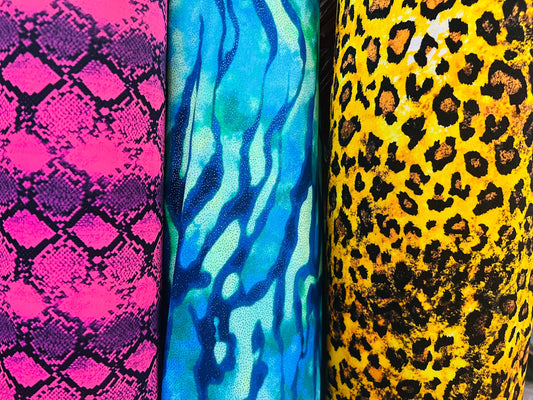 Exotic multi animal print designs print on great quality of nylon spandex 4-way stretch 58/69” Sold by the YD. Ships Worldwide from L.A CA
