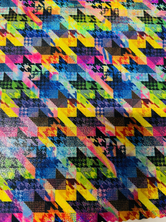 New modern houndstooth rainbow design digital foil print lacer hologram metallic nylon spandex 4-way stretch 58/60” Sold by the YD.