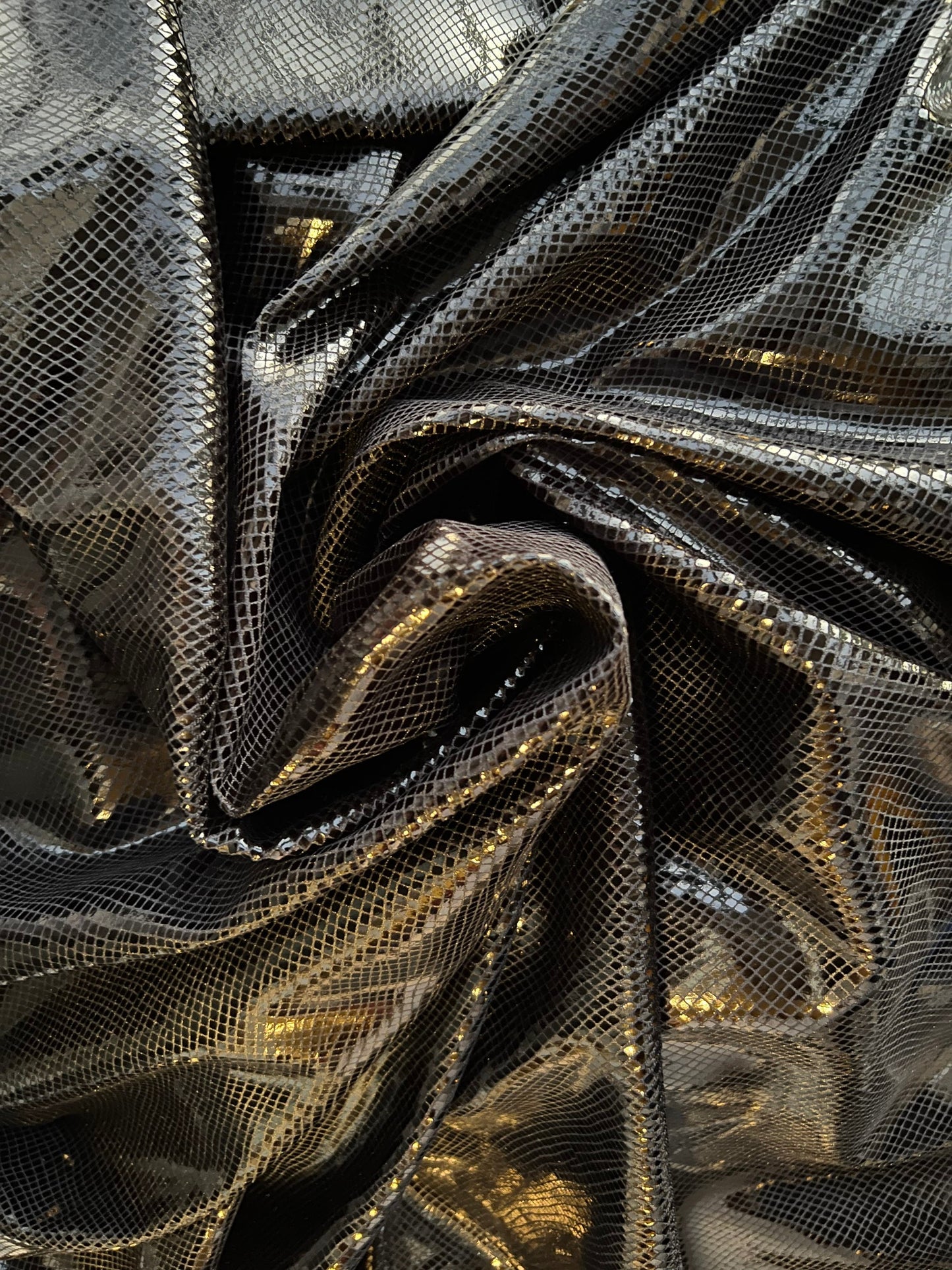 Dragón scales design super shiny stretch velvet with foil 4-way stretch 58/60” Sold by the YD. Ships Worldwide from Los Angeles California