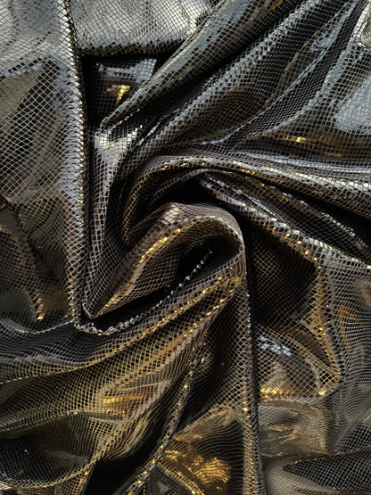 Dragón scales design super shiny stretch velvet with foil 4-way stretch 58/60” Sold by the YD. Ships Worldwide from Los Angeles California