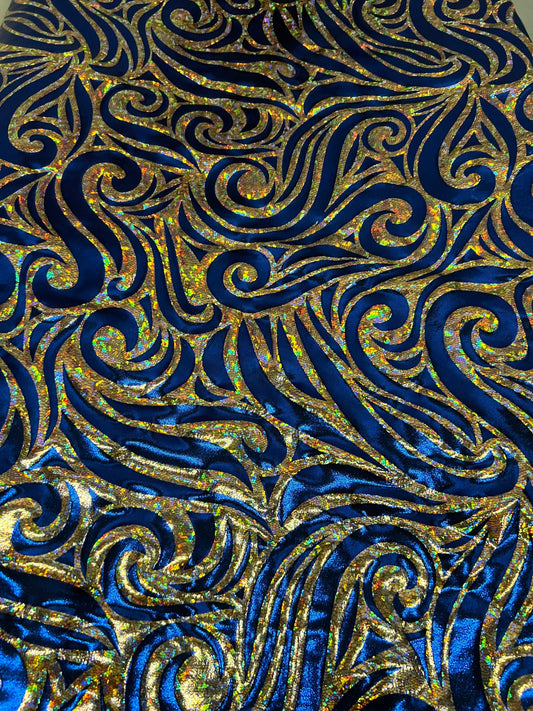 Rolex Luxury swirl design hologram metallic nylon spandex 4-way stretch Midnight Blue/Gold 58/60” Sold by the YD. Ships Worldwide from L.A